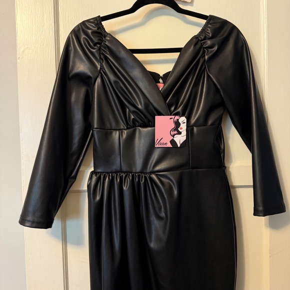 NWT Vixen by Micheline Pitt STARLET WIGGLE DRESS IN BLACK VEGAN LEATHER - Picture 2 of 4
